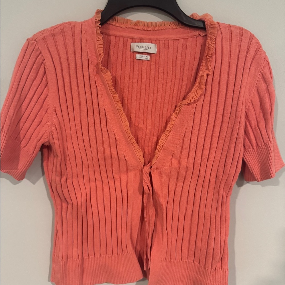 Van Heusen Coral Ribbed Short Sleeve Tie-Front Top